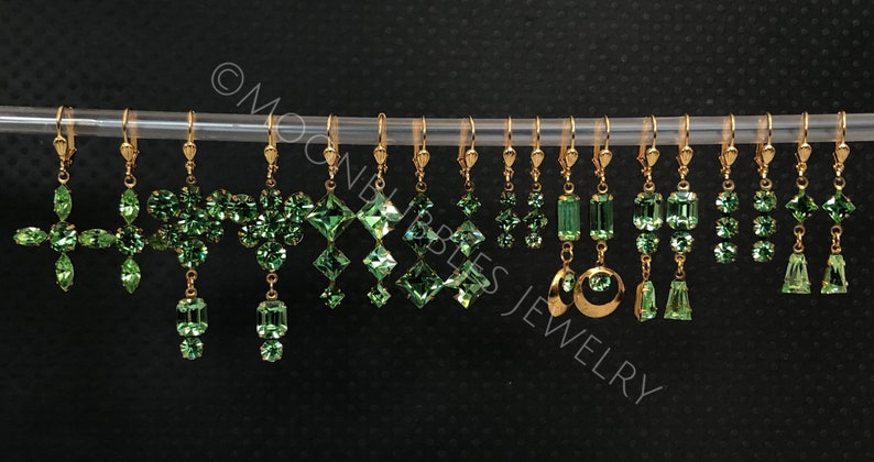 Vintage Uranium Glass rhinestone geometric earrings in crystal peridot silver Vaseline glass jewelry plus mini uv light glows image 9