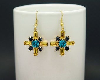 ライトトパーズ、ブルージルコン、モンタナスワロフスキークリスタルイヤリング - ヴィンテージラインストーン - ブライダル、プロム、フォーマル、または普段使い - アクアとイエロー
