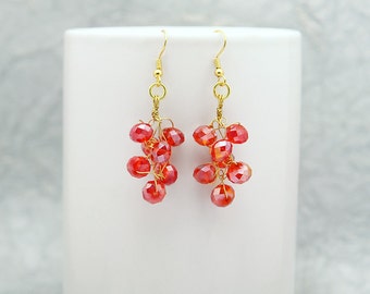 Red Hot Berries  -  Crocheted machine cut crystal and wire earrings in brilliant red