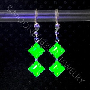 Vintage Uranium Glass rhinestone geometric earrings in crystal peridot silver Vaseline glass jewelry plus mini uv light glows image 4