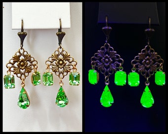 Vintage Uranium Glass rhinestones in filigree statement earrings Vaseline glass green uranium glass earrings gold tone free uv light