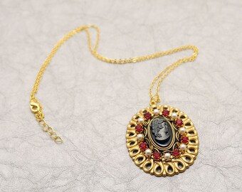 Beautiful Black & Gray Cameo Pendant with Vintage Swarovski Rubies and Pearls - set in vintage brass