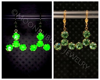 Vintage Uranium Glass unique rhinestone earrings in crystal peridot glows in black light Vaseline glass jewelry plus mini uv light