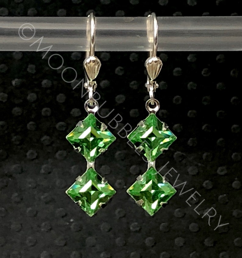 Vintage Uranium Glass rhinestone geometric earrings in crystal peridot silver Vaseline glass jewelry plus mini uv light glows image 6