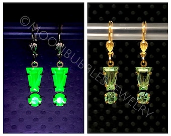 Vintage Uranium Glass exclamation point rhinestone earrings Swarovski peridot glows black light Vaseline glass jewelry plus mini uv light