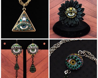 Custom eye Jewelry -DOWN PAYMENT  Ring, Pendant Earrings or set - you choose color with vintage Swarovsi rhinestones - evil eye quirky& odd