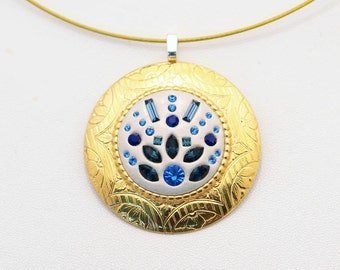 Golden and Sapphire - stunning Swarovski pendant in shades of blue - Large and One of a kind