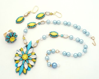 Lemon and Aqua - Retroesque Vintage Rhinestone & Pearl Parure - ONE of a kind statement Necklace, Earrings, and Ring