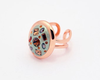 Large Copper, earthtones, and pale shimmery green Ring - OOAK adjustable and super sparkly