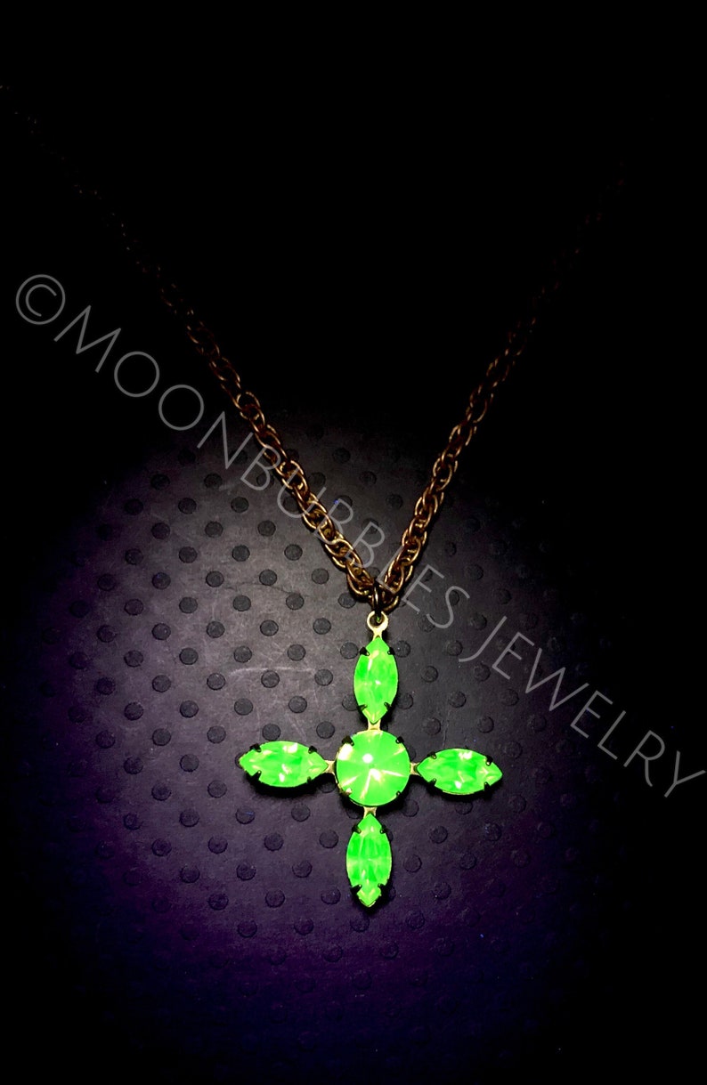 Vintage Uranium Glass rhinestone pendant in crystal peridot Victorian cross glows black light Vaseline glass jewelry plus mini uv light image 4