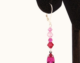 フクシアとピンク - ロマンチックなスワロフスキー シルバー イヤリング