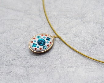 アクア＆オレンジ - スワロフスキークリスタルペンダント - ヴィンテージアクアマリン、ブルージルコン、ターコイズ、インディアンレッドのOOAK