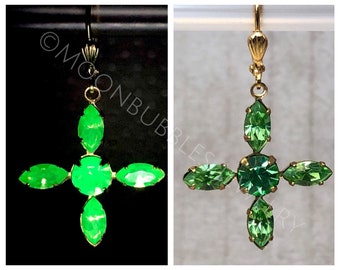 Vintage Uranium Glass rhinestone earrings in crystal cross peridot glows ultraviolet black light Vaseline glass jewelry & mini light