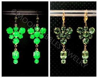 Vintage Uranium Glass rhinestone statement earrings in crystal peridot glows ultraviolet black light Vaseline glass jewelry plus gift