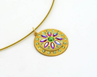 AB Floral - Bright Swarovski pendant in Ruby AB and Peridot- One of a kind and perfect for Spring & Summer