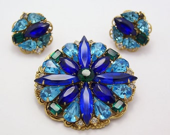 Sapphire, Aqua and Emerald rhinestone demi-parure brooch/pendant and earclips