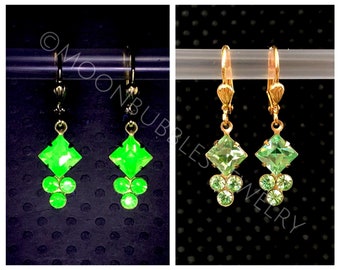 Vintage Uranium Glass square rhinestone earrings in crystal peridot glows in black light Vaseline glass jewelry plus mini uv light