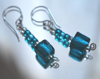 Pte-125 Earrings, teal lampwork cube, solid sterling silver findings and wire, dangle, pierced non pierced