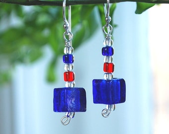 Pte-133 Earrings, blue lampwork cube with red, blue and clear glass seed beads solid sterling silver findings & wire, pierced non pierced.