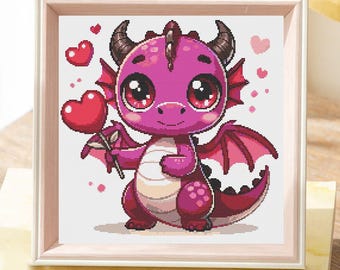 Modèle de point de croix dragon Saint-Valentin, modèles de point de croix, téléchargement immédiat, modèle de point de croix au format PDF