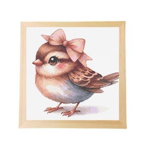 Patrón de bordado de gorrión: bonito diseño de pájaro con lazo rosa, patrón de punto de cruz de pájaro en PDF: descarga instantánea, bordado de pájaro cantor floral