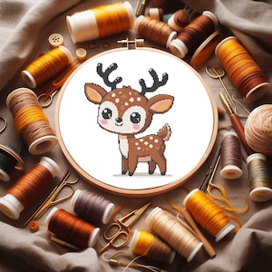 May include: A cross-stitch pattern of a cute cartoon deer with brown fur and white spots, surrounded by spools of embroidery floss in various shades of brown and yellow.