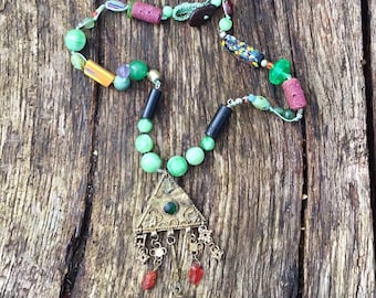 Tribal Boho Necklace of Antique Trade Beads with Triangular Pendant