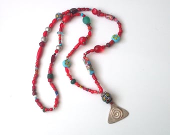 Silver red bead necklace