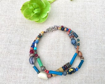 Antique Beads Egyptian Faience Blue and Green and Silver Bracelet