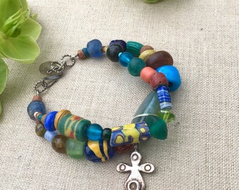 Antique Beads Chunky Blue and Green and Silver Bracelet