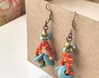 Antique Coral and African Bead Drop Earrings