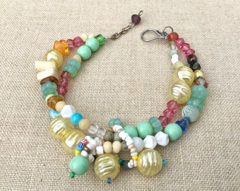 Vintage Beads Chunky Pearl,Green and Pink Double Strand Bracelet