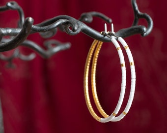 White and gold thin hoop earrings made of pure Titanium and glass beads -  Hypoallergenic earrings for sensitive ears
