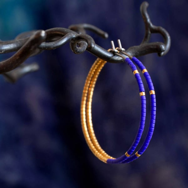Blue and gold hoop earrings made of pure titanium and glass beads -  hypoallergenic earrings for sensitive ears