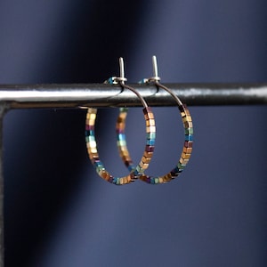 Pure titanium small hoop earrings with multicolor hematite beads - 2cm -  hypoallergenic earrings for sensitive ears