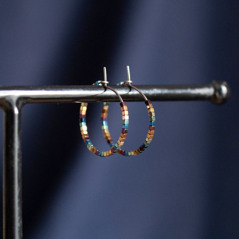 Pure titanium small hoop earrings with multicolor hematite beads 2cm hypoallergenic earrings for sensitive ears image 1