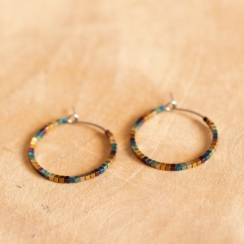 Pure titanium small hoop earrings with multicolor hematite beads 2cm hypoallergenic earrings for sensitive ears image 3