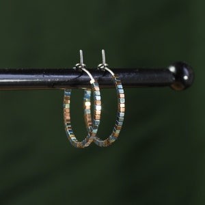 Spark - Pure titanium small hoop earrings with green and copper hematite beads -  hypoallergenic earrings for sensitive ears