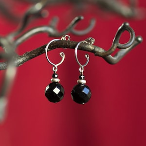 Small titanium drop earrings with faceted black onyx beads - pure titanium handmade closures  - hypoallergenic earrings for sensitive ears