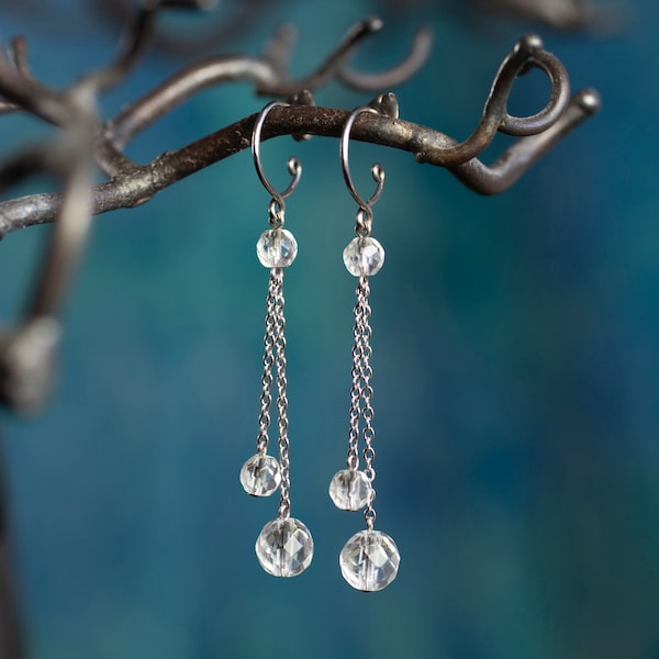 Boucles pendantes en titane pur et perles de cristal de roche - Boucles d'oreilles hypoallergéniques sans nickel