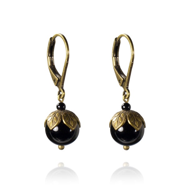 Boucles d'oreilles Fruit défendu - Petites boucles forme goutte, perles noire en onyx et dormeuses bronze