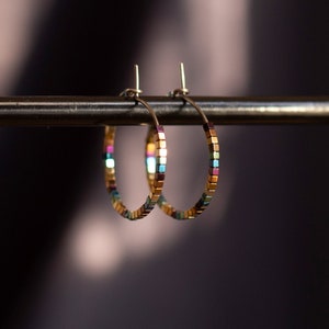 Pure titanium small hoop earrings with multicolor hematite beads 2cm hypoallergenic earrings for sensitive ears image 2