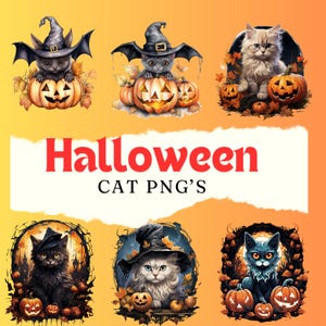 Puede incluir: Seis ilustraciones digitales de gatos vestidos con disfraces de Halloween. Cada gato está rodeado de calabazas y follaje de otoño. El texto "Halloween Cat PNG's" se muestra en el centro de la imagen.