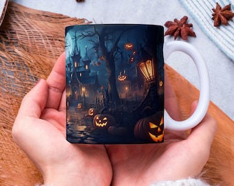 Neon Halloween Mug Wrap PNG: Spooky Coffee Cup Design (Digital Download)