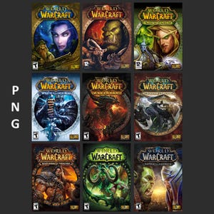 Puede incluir: Un collage de nueve portadas de cajas de videojuegos para World of Warcraft, con diferentes expansiones y personajes. Las portadas están dispuestas en una cuadrícula de 3x3, con cada portada mostrando un título de expansión y una ilustración diferentes. Las expansiones incluyen: World of Warcraft, Burning Crusade, Wrath of the Lich King, Cataclysm, Mists of Pandaria, Warlords of Draenor, Legion y Battle for Azeroth.