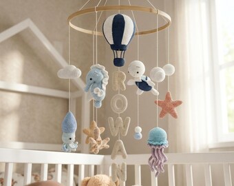 Personalized Crochet Ocean Baby Mobile | Sea Animals, Hot Air Balloon Nursery Decor | V01Y