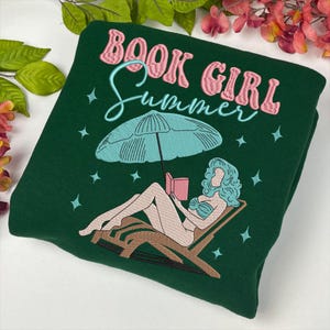 Book Girl Summer Embroidered Sweatshirt, Vintage Beach Reading T-Shirt, Cute Vacation Hoodie, Bookish Ocean Girly Gift For Her ESH4664