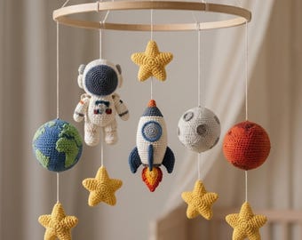 Crochet Space Mobile | Astronaut, Rocket, Planets, Stars | Neutral Nursery Decor | V03M