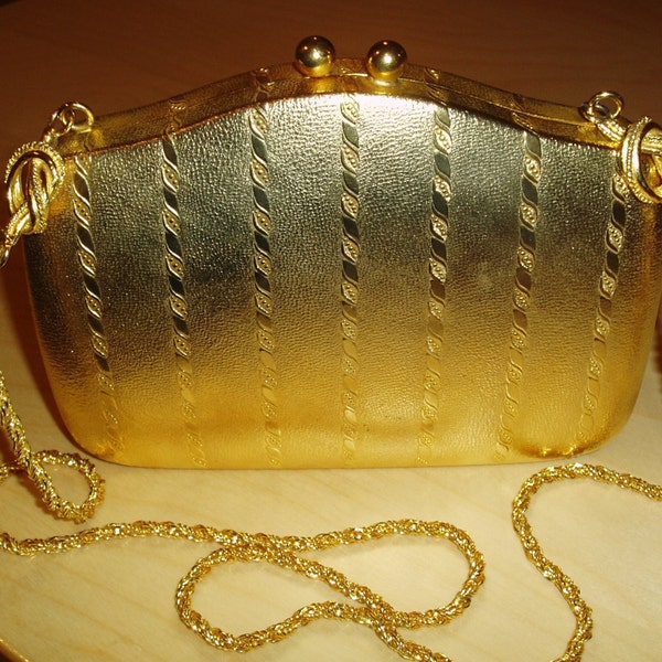 Vintage ROSENFELD Gold Formal Hard Case Evening Bag - MINAUDIERES - Metal Box Clutch Purse - shoulder strap handbag / Made In Italy - 1960s