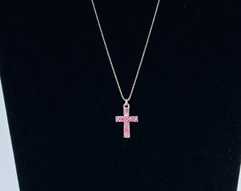 Pink Rhinestone Cross Necklace | Silver Tone Christian Pendant | Sparkly Faith Jewelry for Women & Girls